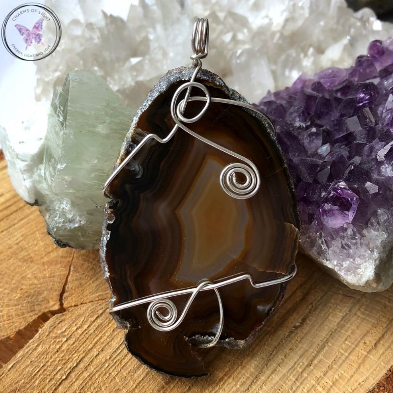 Agate Slice Silver Wire Wrapped Pendant 02